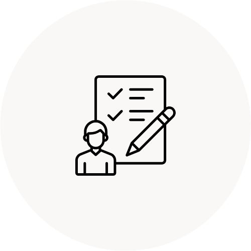 Icon of a person, a checklist with two checkmarks, and a pencil indicating a task or form submission.