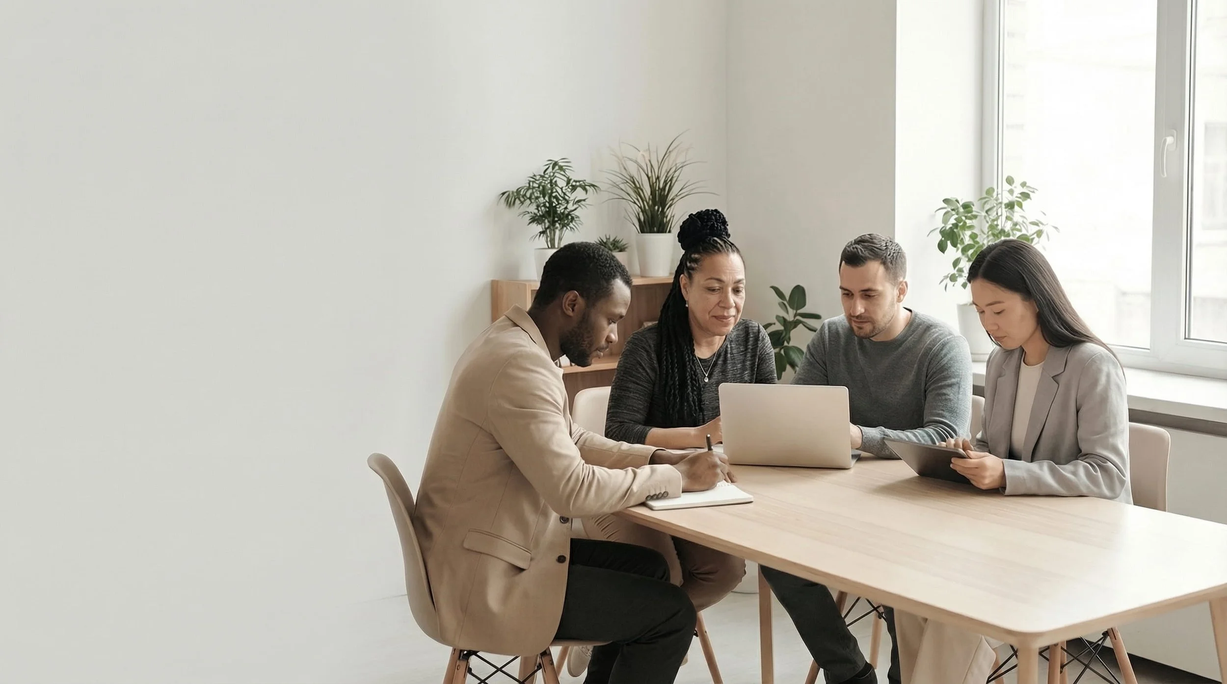 Four diverse professionals gathered around a wooden table in a bright office, discussing work on a laptop and tablet, with plants on the window sill and wall.