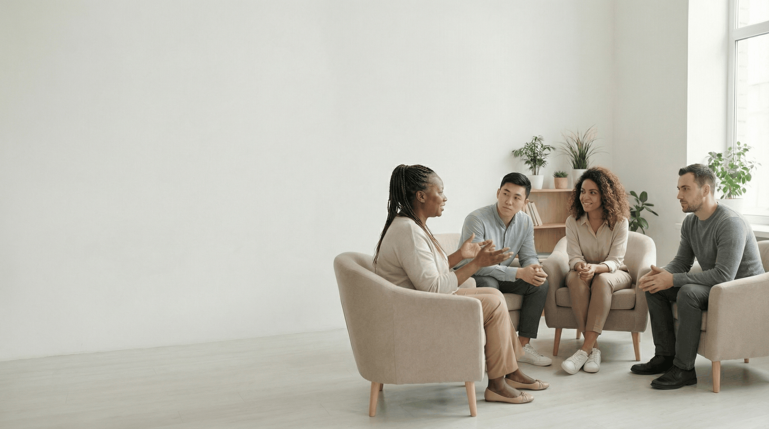 Four diverse people sitting on beige chairs in a circle engaging in conversation in a bright room with potted plants on a shelf and a window.