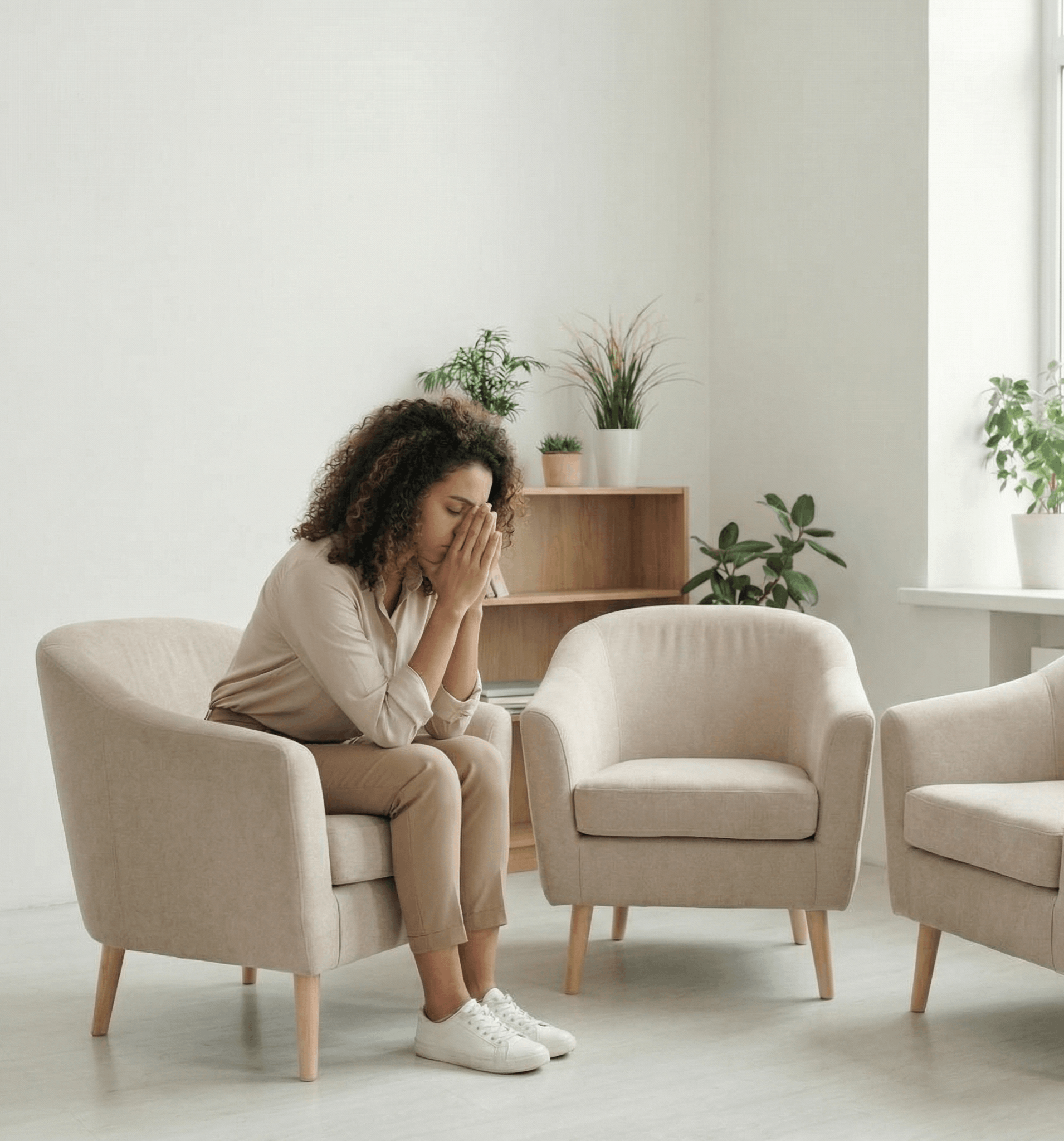 A woman sitting in a beige armchair with her hands covering her face, appearing distressed, in a bright room with potted plants on a shelf and near the window.