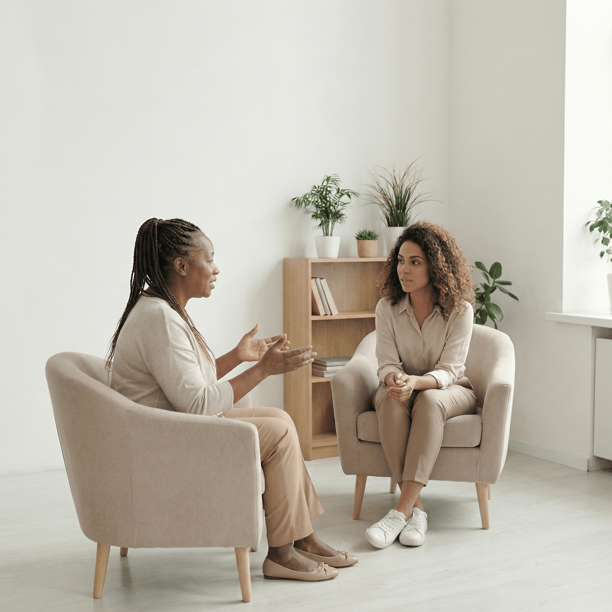 Two women having a conversation in a bright, minimalist room with beige chairs, a wooden bookshelf, and potted plants.