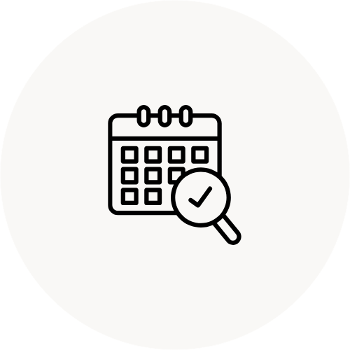 Calendar with a magnifying glass and checkmark.