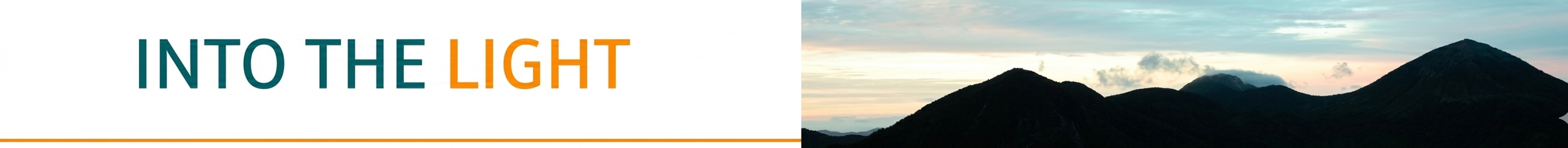 Banner with the text "Into the Light" over a landscape of mountains at sunset.