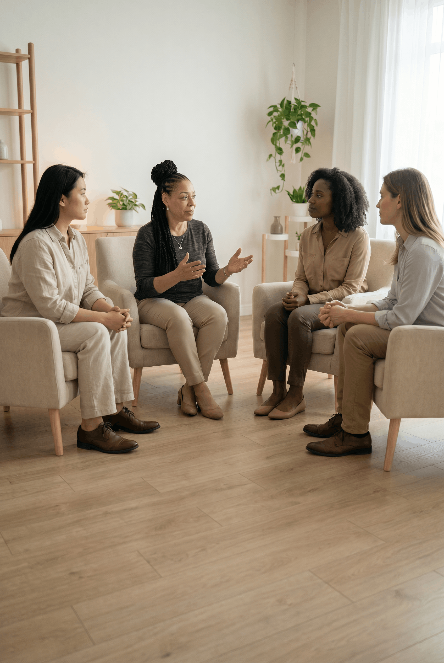 Four women having a discussion in a cozy living room with plants and natural light.
