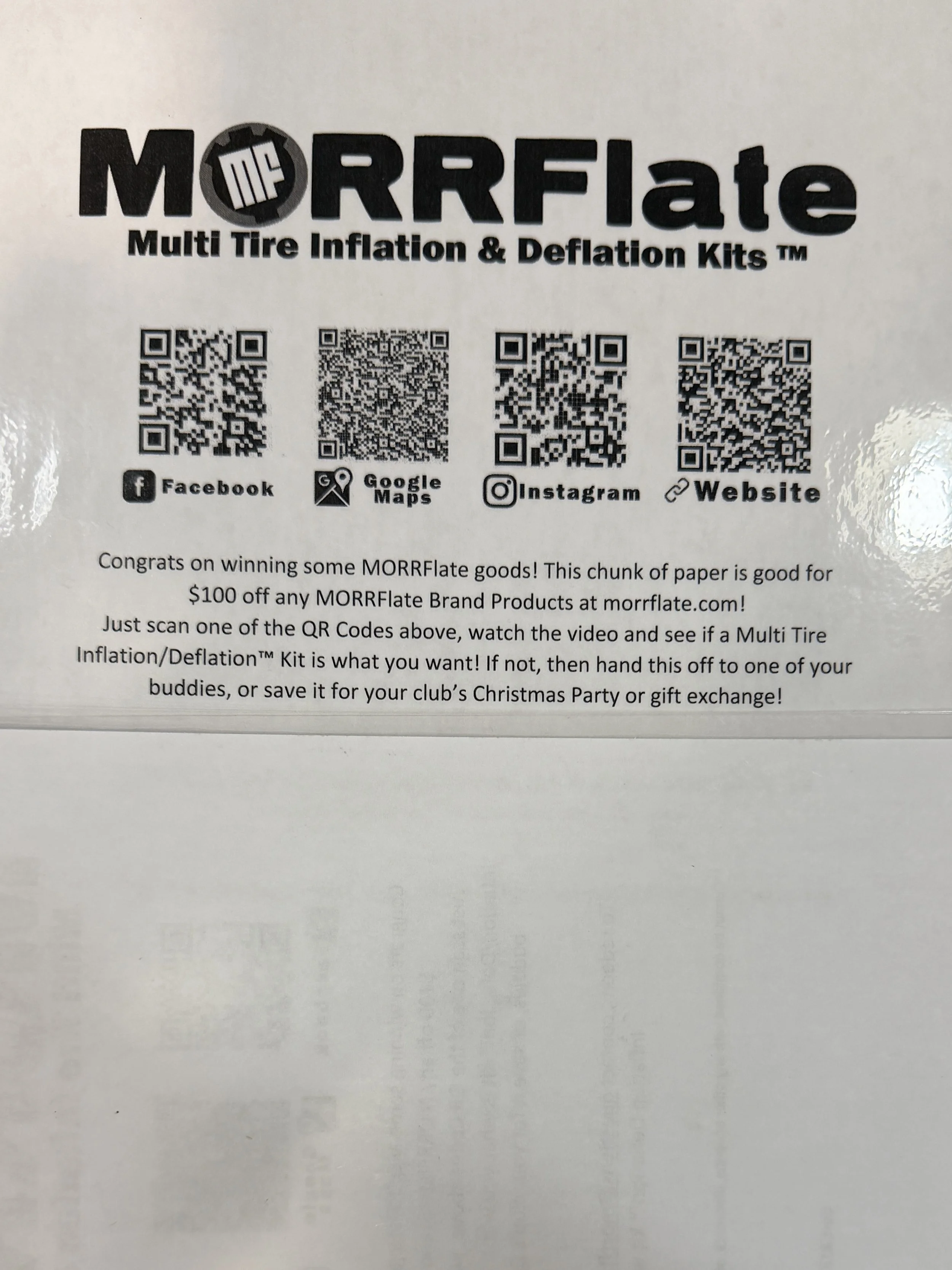Instruction sheet for MORRRflate Multi Tire Inflation & Deflation Kits with QR codes for social media and website. Contains promotional message and instructions to scan QR codes.