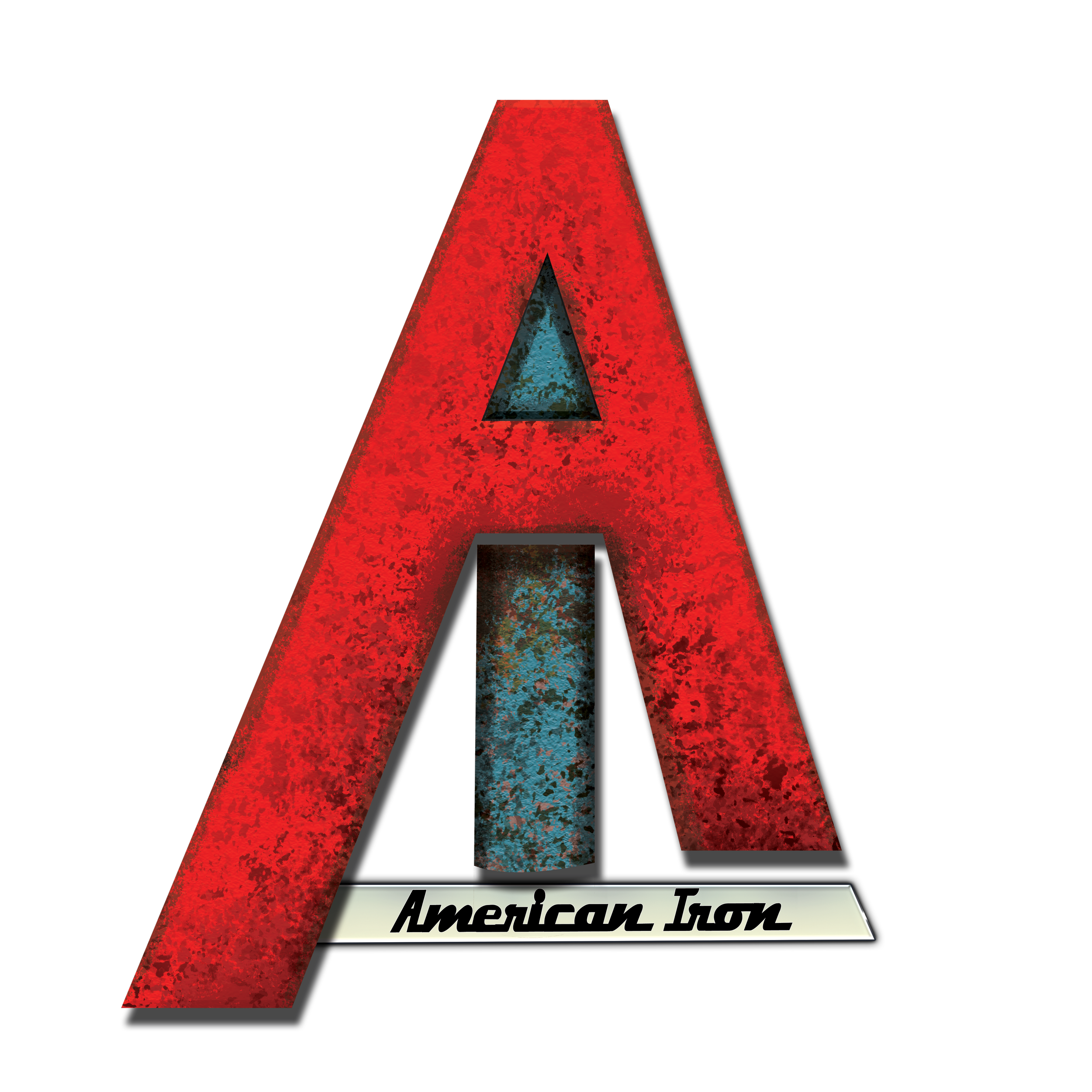 A large, three-dimensional letter 'A' with a red, weathered texture and a black outline, featuring a blue, rusted cylindrical element inside the opening. Below, a white banner with black text reads 'American Iron'.