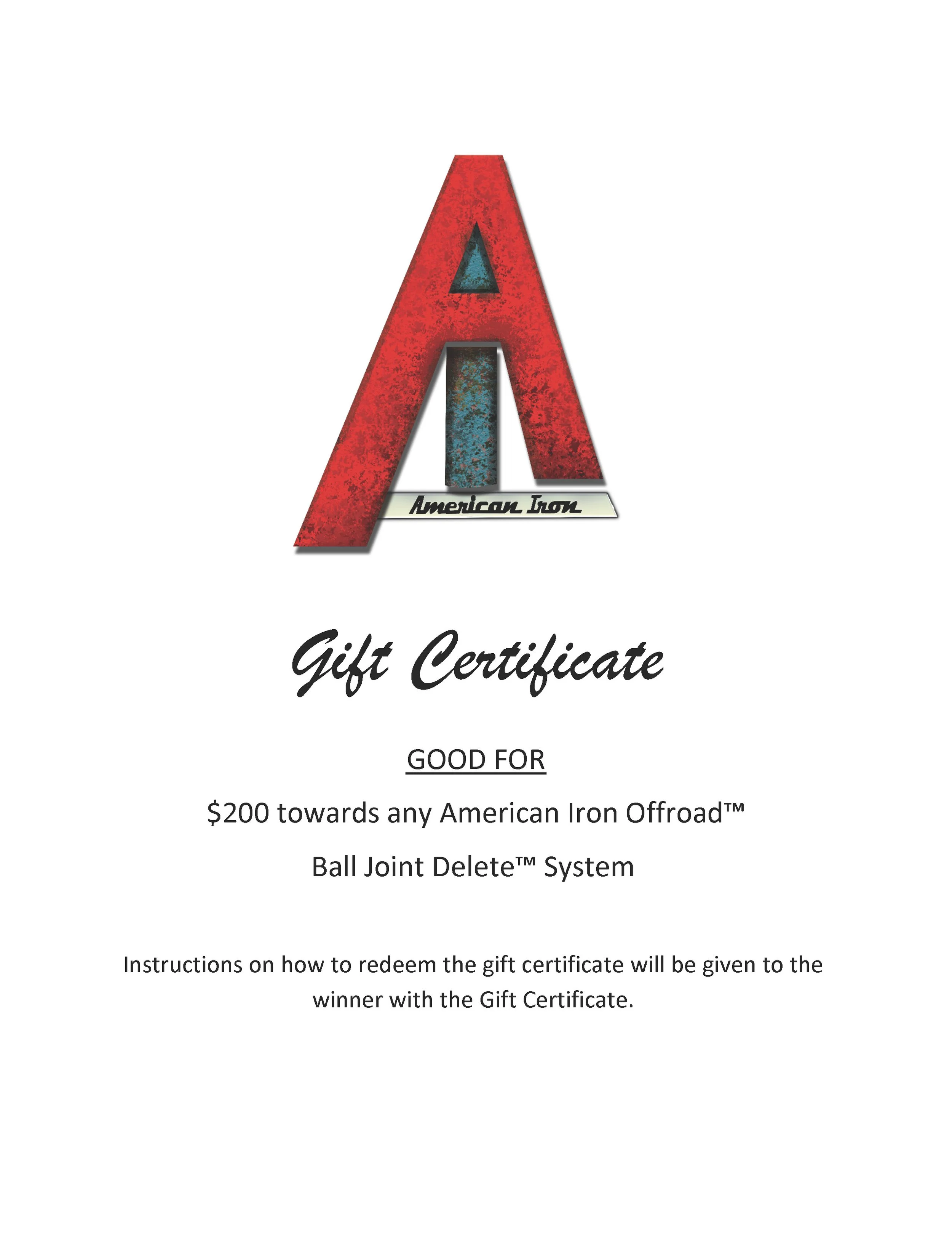 Gift certificate from American Iron Offroad featuring a large red letter 'A' with blue details and black text, offering $200 towards offroad systems.