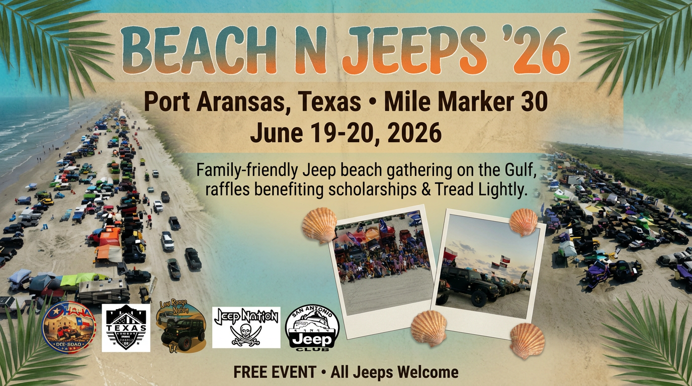Poster for the Beach 'N Jeeps 2026 event, featuring a beach scene with a large gathering of jeeps and cars, along with photos of the event, on a sandy background with palm leaves, seashells, and event details.
