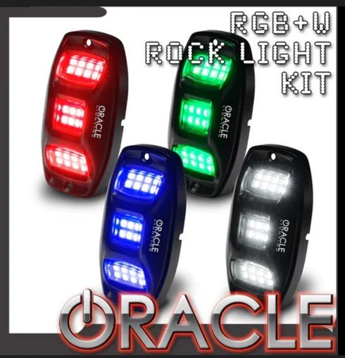 Three rock light kits with color options in red, green, blue, and white, labeled 'Rock Light Kit' and 'REGE + W' with the brand name 'Oracle'