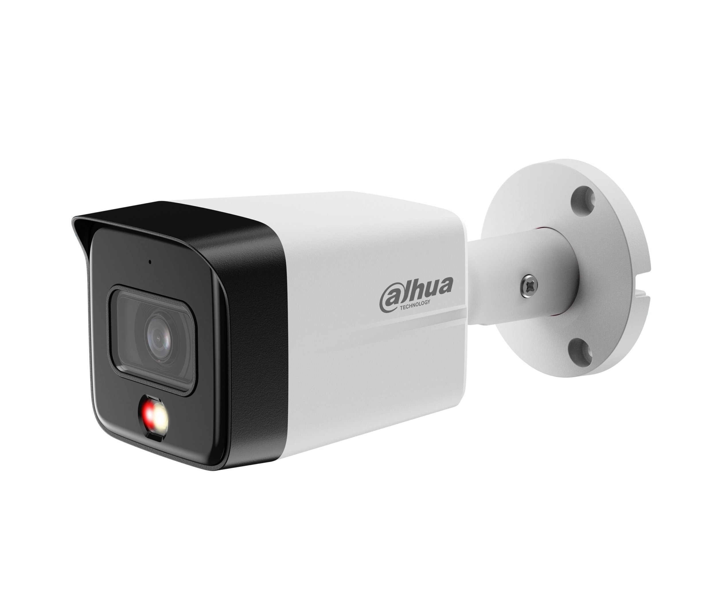 Dahua security camera mounted on a white wall.