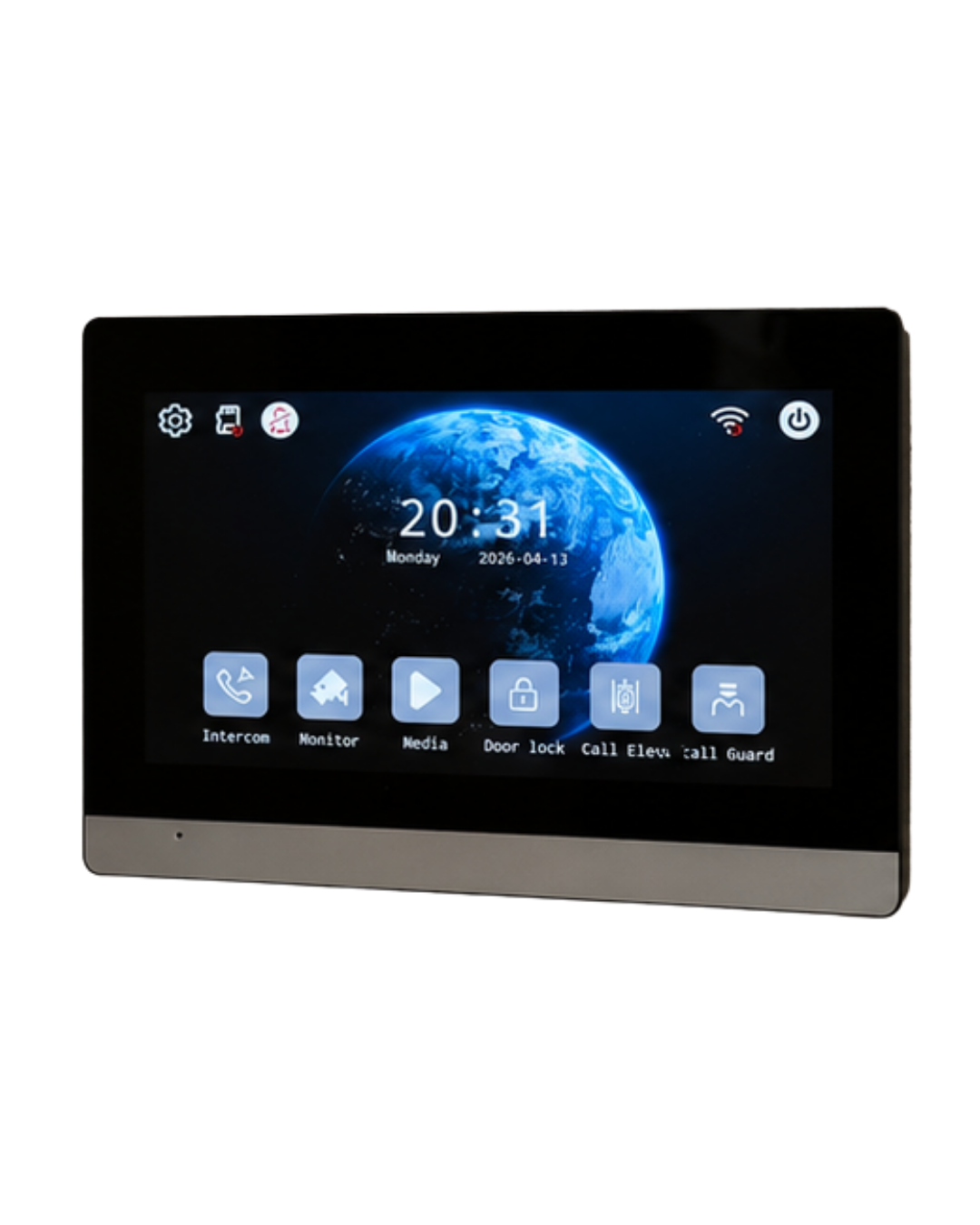 Two smart home security panels displaying a blue Earth image and app icons for intercom, monitor, media, gatelock, and door lock, with the brand name FARHD on both devices.