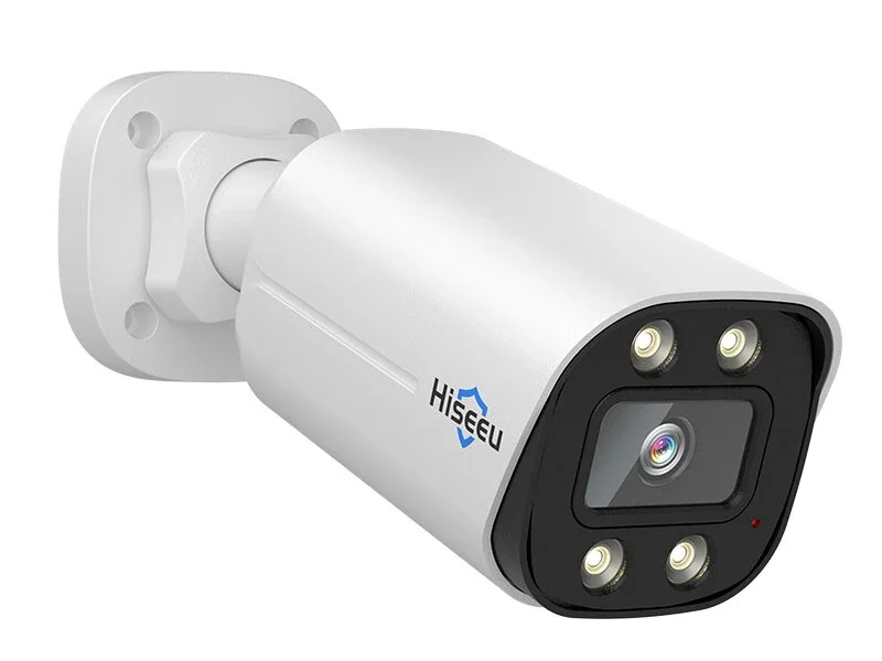 Security camera with a white cylindrical body, four LED lights around the lens, and the brand name HiSECU printed on the side.