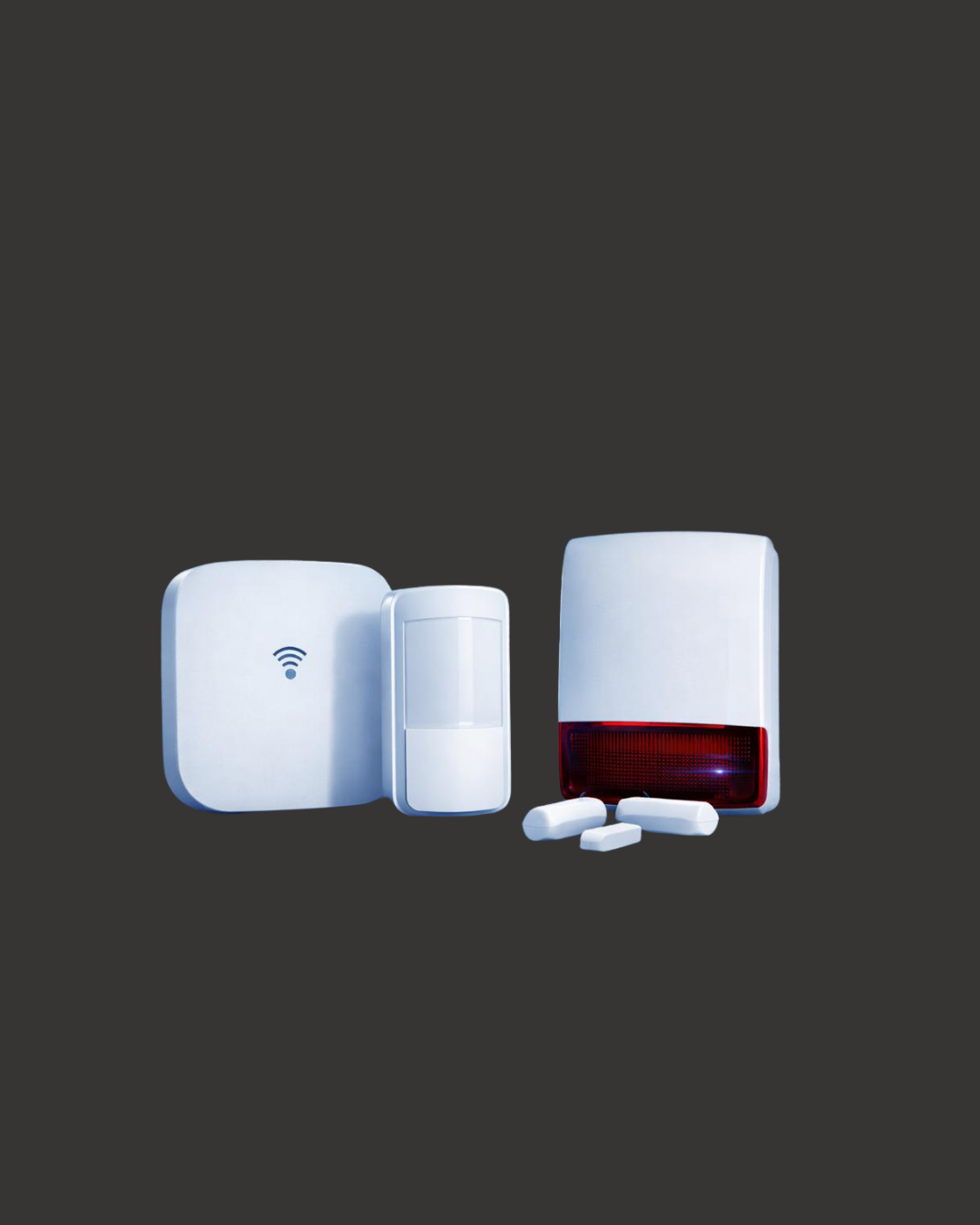 Home security alarm system components, including sensors, control panel, and alarm siren, placed on a gray background.