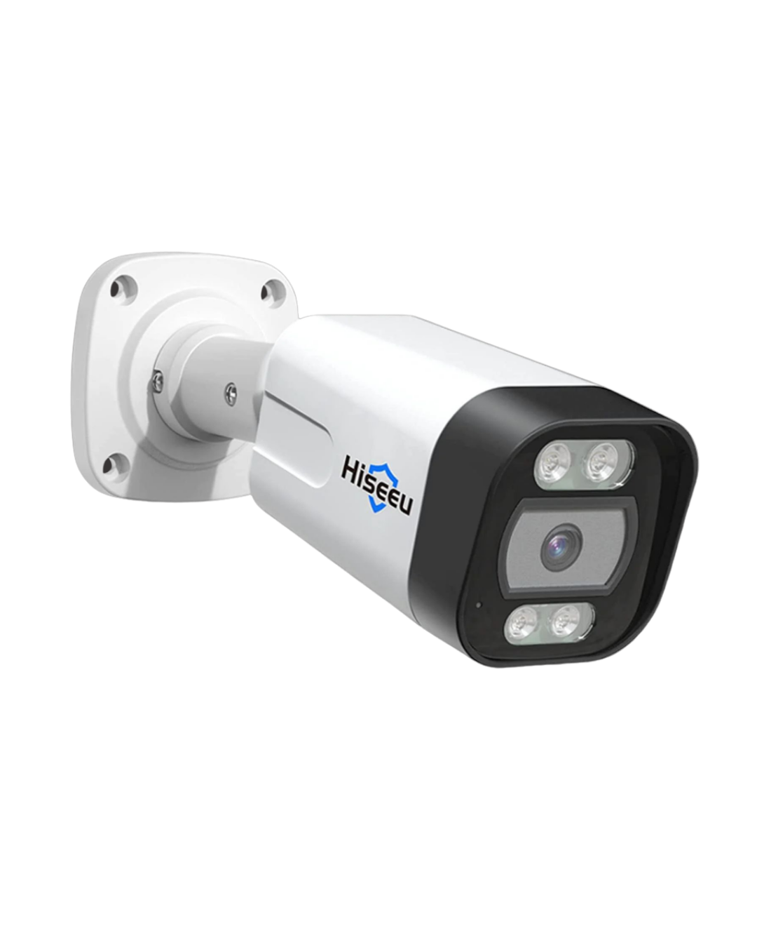Close-up photo of a white security camera with four LED lights and a small lens, mounted on a grey wall, with a logo that says 'HiSeeU'.