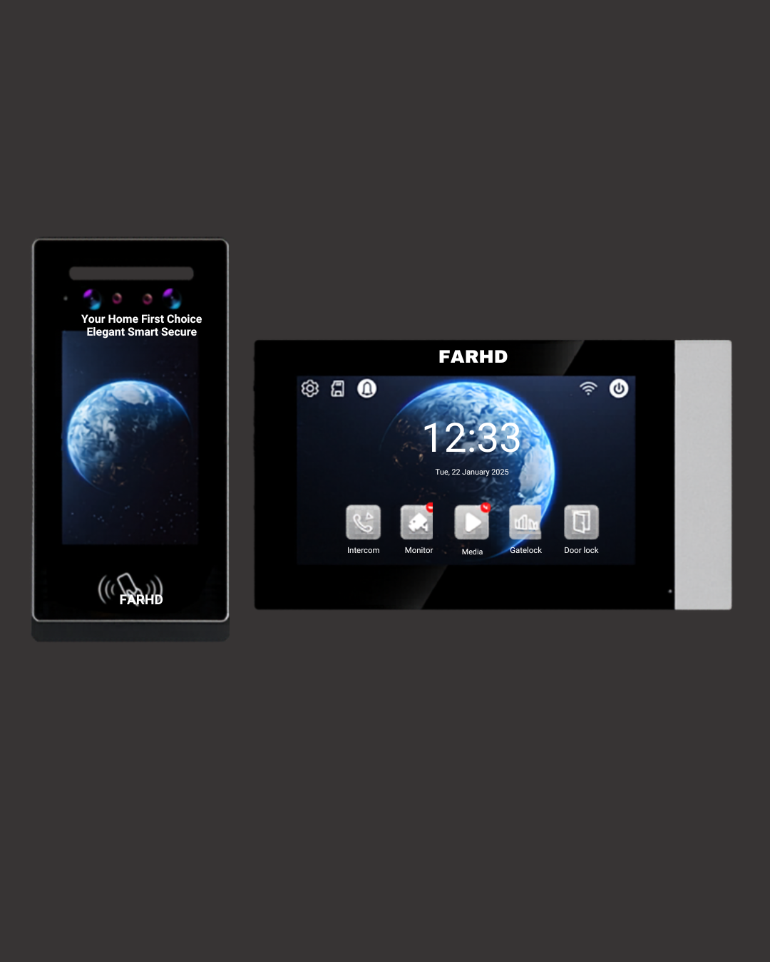 Two smart home security panels displaying a blue Earth image and app icons for intercom, monitor, media, gatelock, and door lock, with the brand name FARHD on both devices.