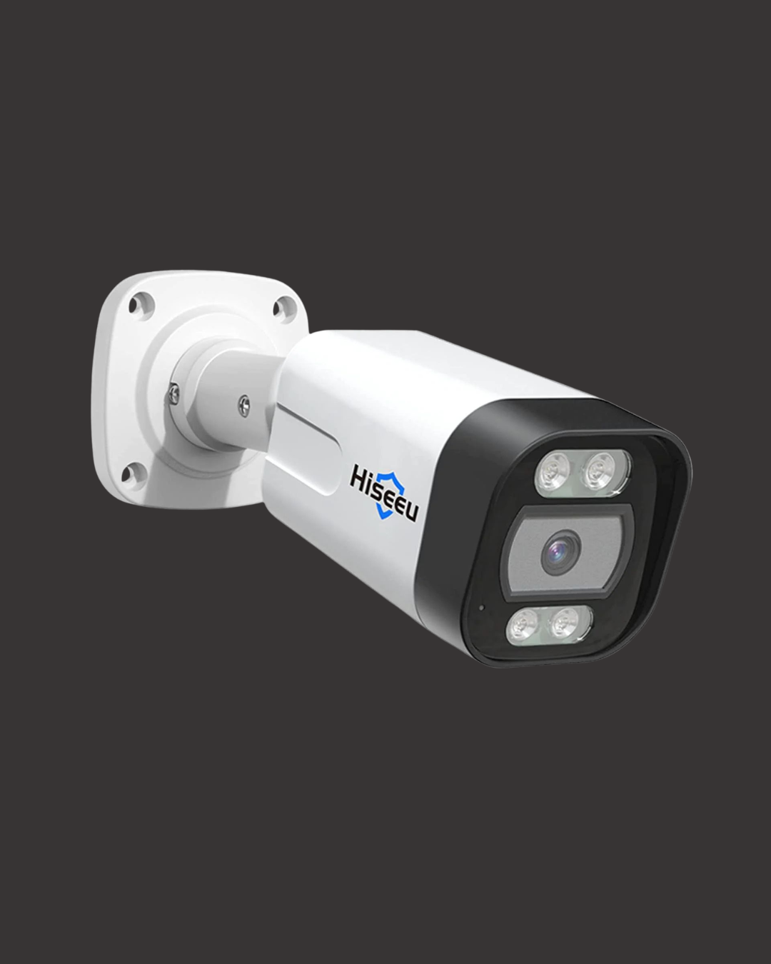 Close-up photo of a white security camera with four LED lights and a small lens, mounted on a grey wall, with a logo that says 'HiSeeU'.