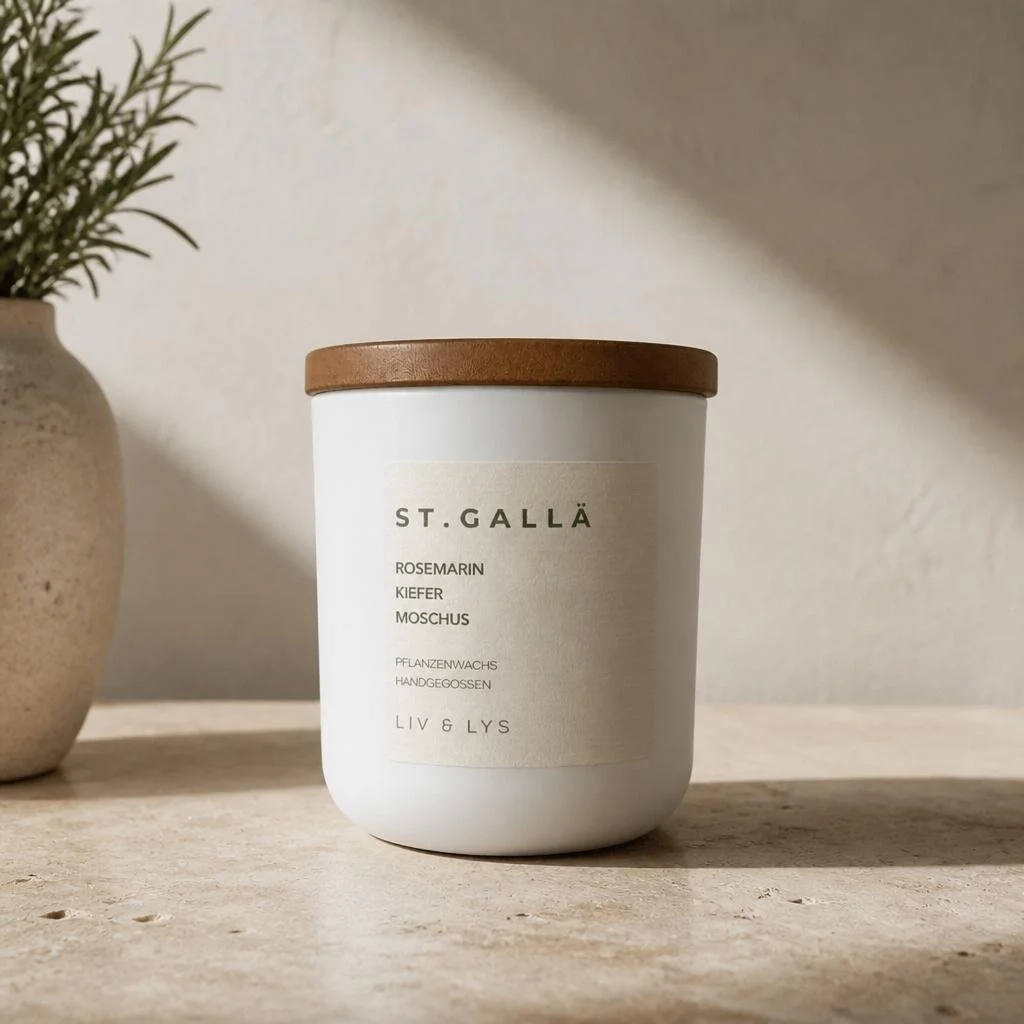 Candle St. Gallä  359 NOK
St. Gallä is the Swiss German name for the city of St. Gallen.

Fresh rosemary, crisp pine and soft musk create a fragrance inspired by green landscapes, fresh air and the quiet charm of Eastern Switzerland.

Scent Notes: Ro