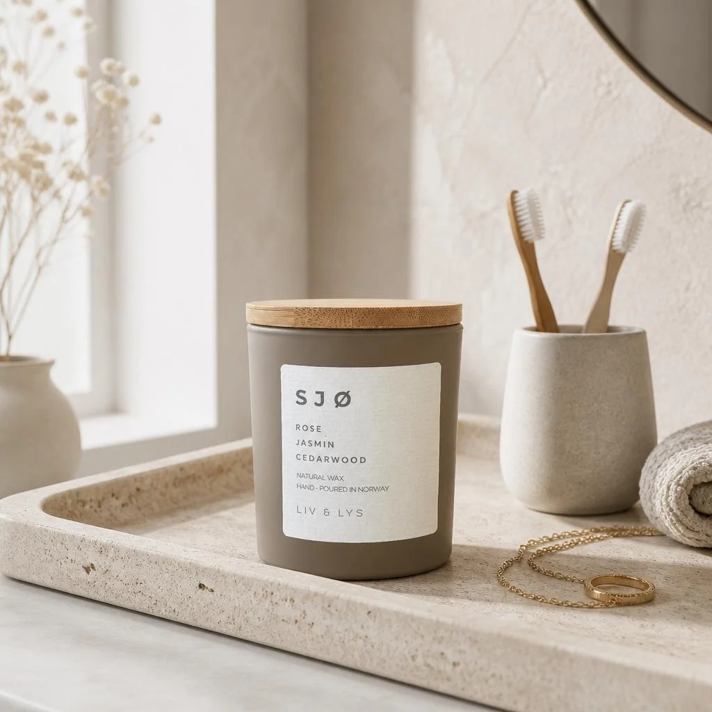 Candle Sjø 299 NOK 
Sjø is the Norwegian word for sea.

A fresh and elegant blend inspired by quiet mornings by the water. Soft rose, delicate jasmine and warm cedarwood create a fragrance that feels clean, airy and effortlessly calming.

Scent Notes