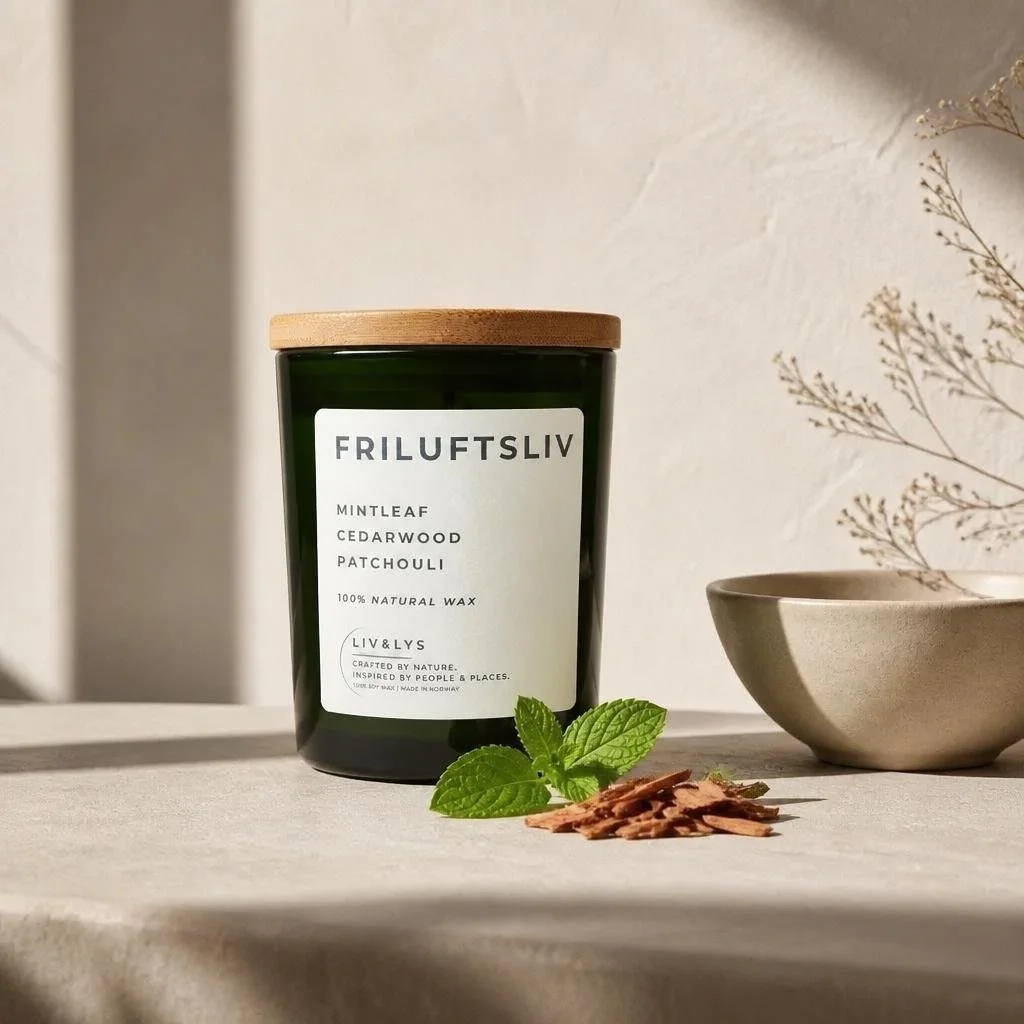 Candle Friluftsliv 299 NOK
Friluftsliv is the Norwegian philosophy of embracing life outdoors and connecting with nature.

Cool mint leaf opens the fragrance with a refreshing lift, cedarwood adds warmth, while earthy patchouli creates depth. Fresh, 
