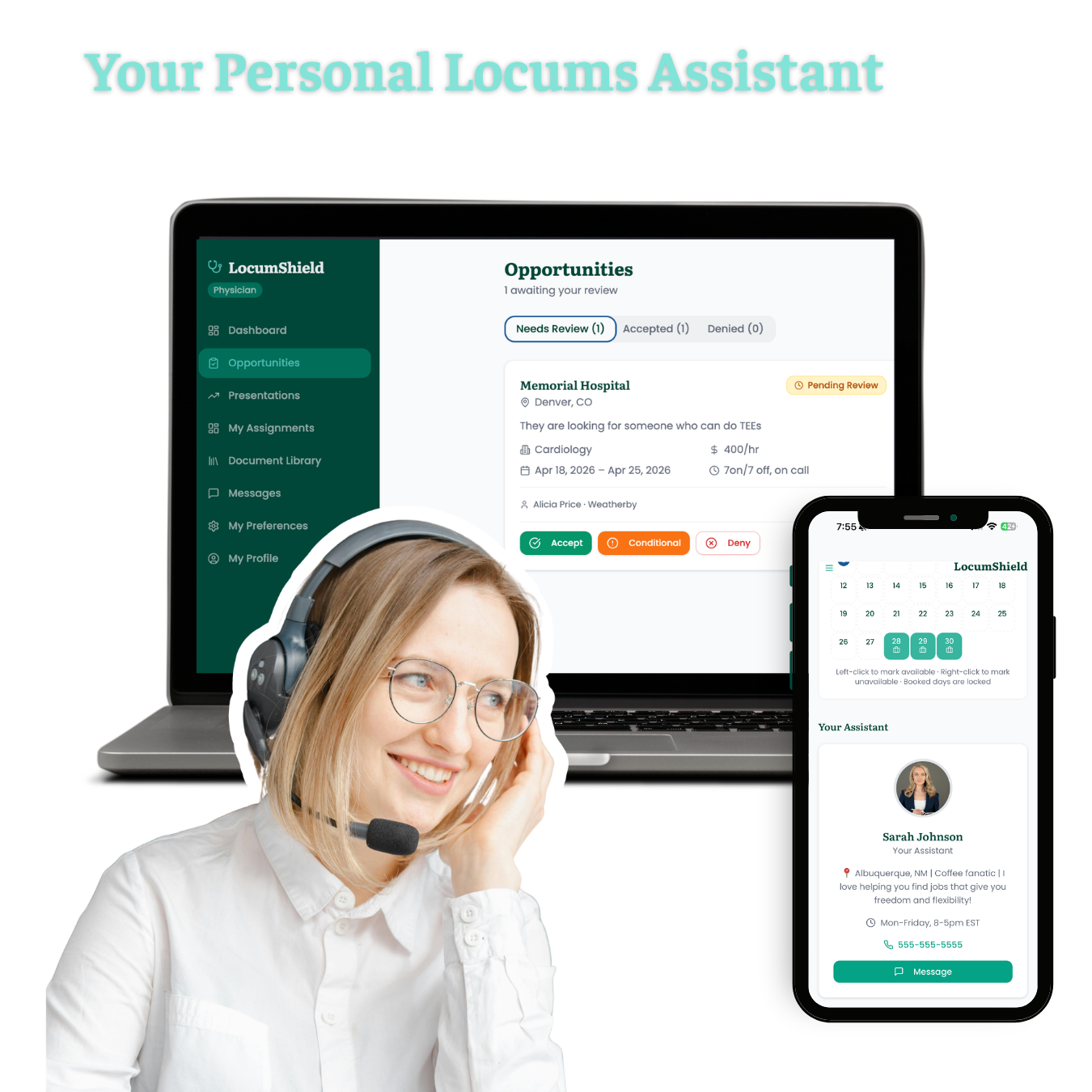 Image of a woman with a headset smiling, with a computer screen and a smartphone display showing a healthcare scheduling app called LocumShield.