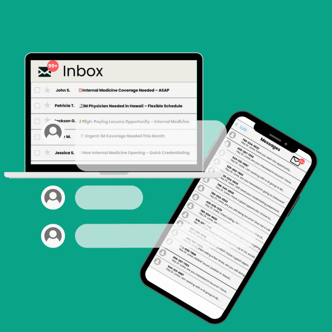 Computer and smartphone screens displaying an email inbox and messages related to medical work, with notification icons.
