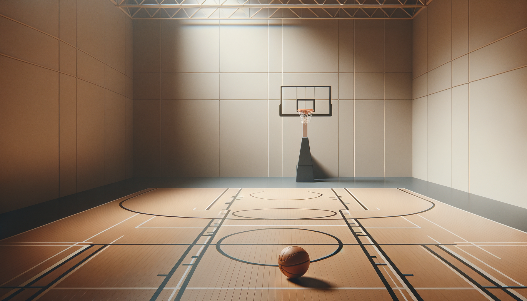 Indoor basketball court with a basketball on the floor, a hoop with a backboard, and a high ceiling with metal beams. The court has markings for various basketball game zones.