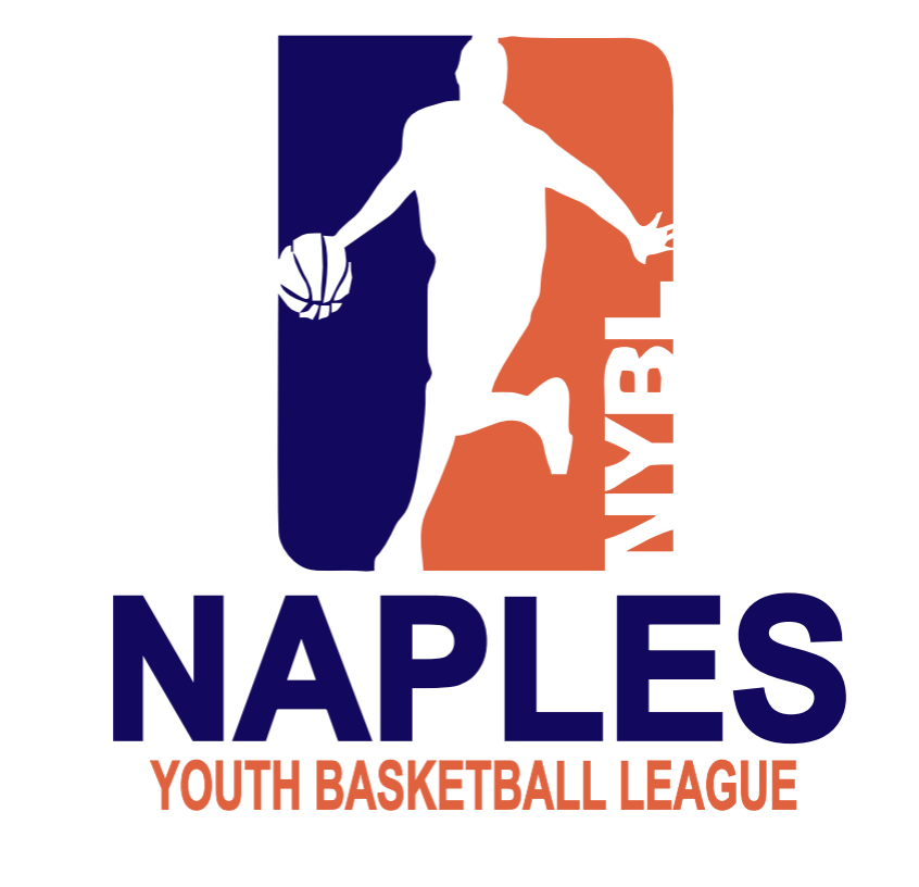 Logo for the NBA Naples Youth Basketball League featuring a white silhouette of a basketball player with a ball, set against a background divided into navy blue and orange sections with the text "NAPLES" and "YOUTH BASKETBALL LEAGUE".