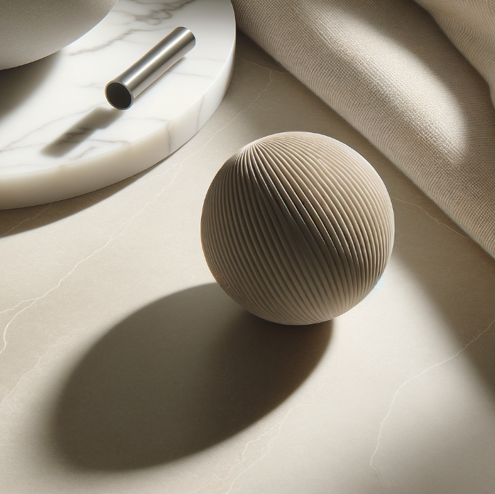 Una sfera decorativa beige con superficie rigata, posta su un piano di marmo chiaro con ombra netta, accanto a tessuti chiari e un piattino di marmo con oggetto metallico.