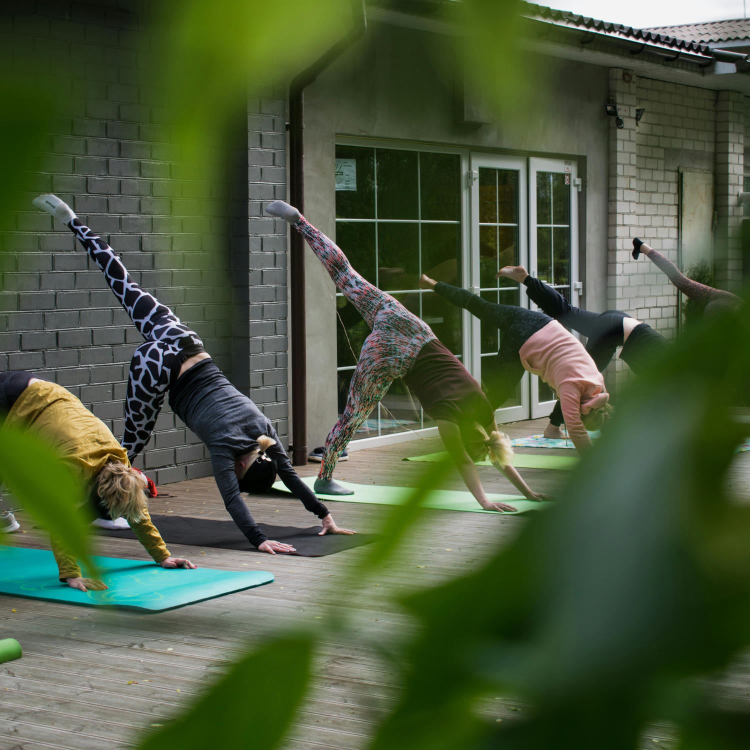 A group yoga workshop with people practicing yoga outdoors.