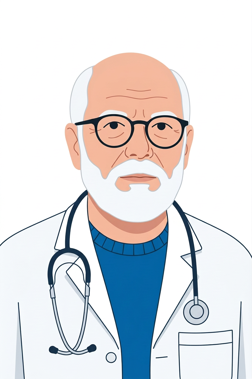 Illustration eines älteren männlichen Arztes mit Brille, weißem Bart und Stethoskop um den Hals.