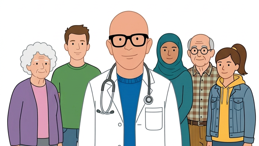 Illustration eines Arztes mit einem Stethoskop und einer Gruppe von Menschen unterschiedlicher Altersgruppen.