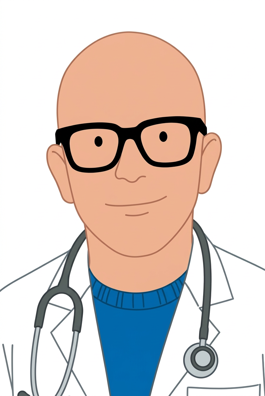 Illustration eines männlichen Arztes mit Brille und Stethoskop, trägt weißen Arztkittel.
