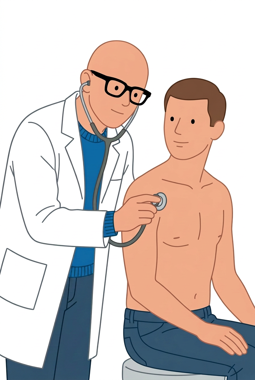 Arzt mit Brille hört Herzschlag eines jungen Mannes ab, der auf einem Stuhl sitzt.