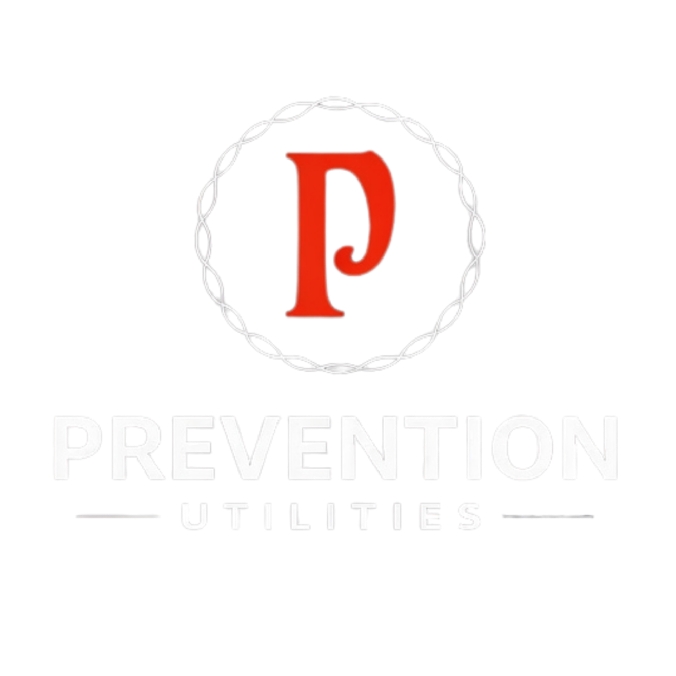Logo with a red capital P inside a white decorative circle, and the words "PREVENTION UTILITIES" in white and gray text below.
