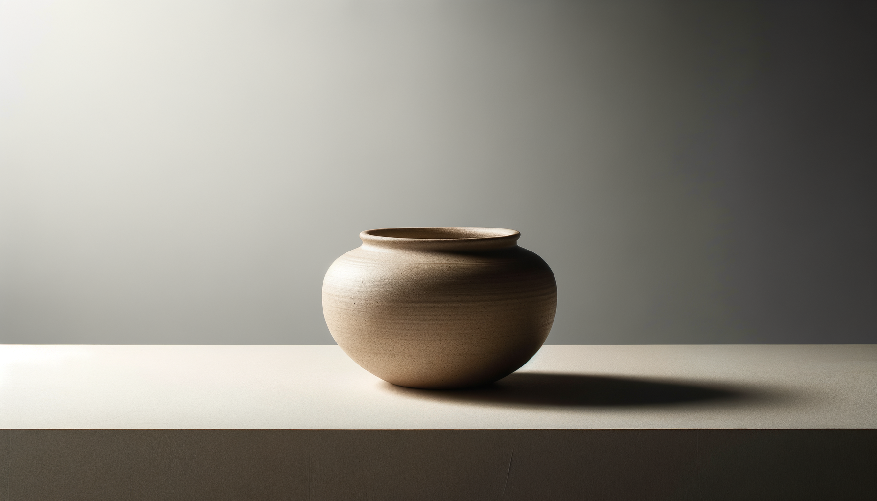A simple round beige ceramic vase placed on a white surface with a shadow cast to the right, against a light gray background.