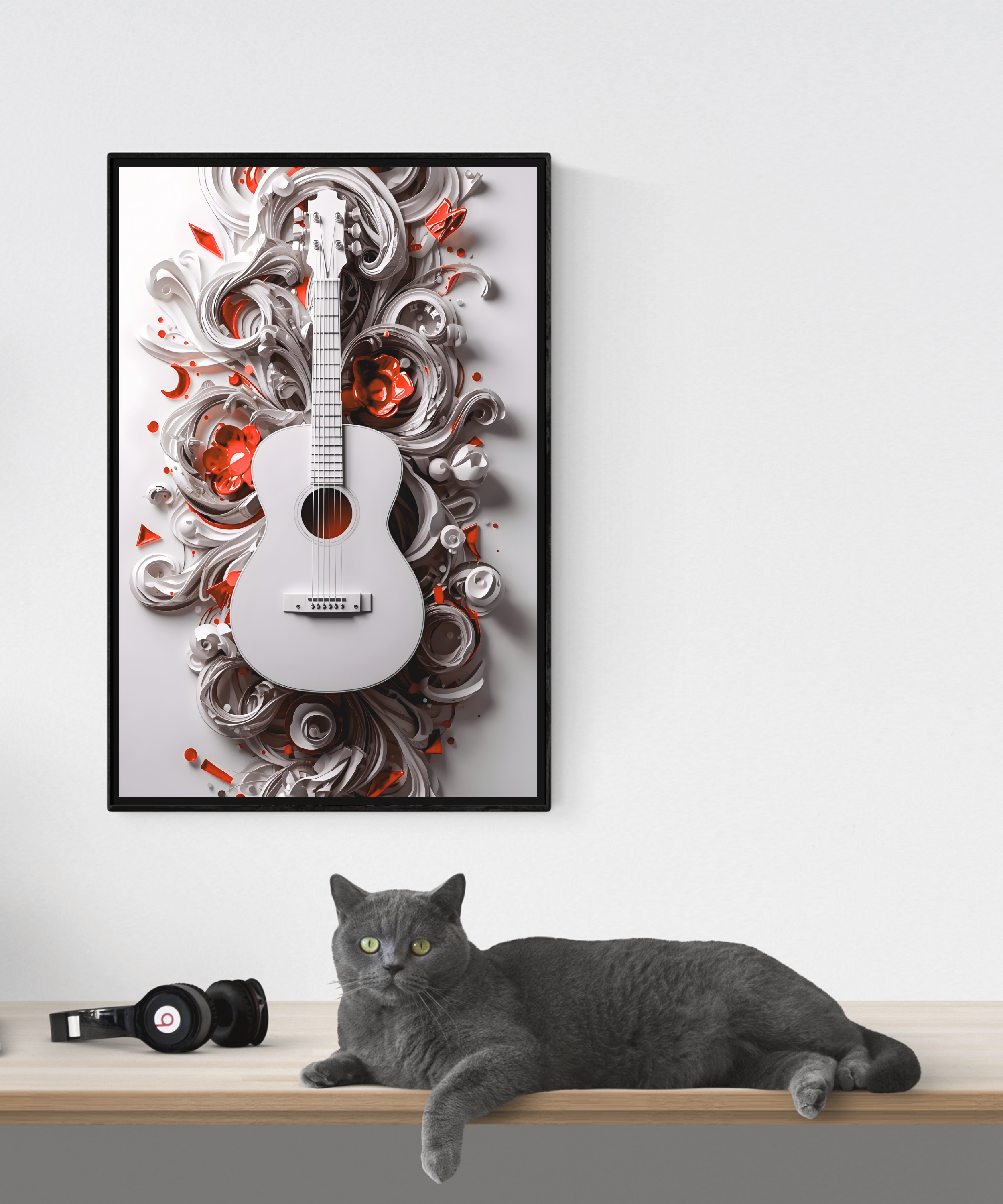 red 3D sculpted music wall art with treble clef and guitar