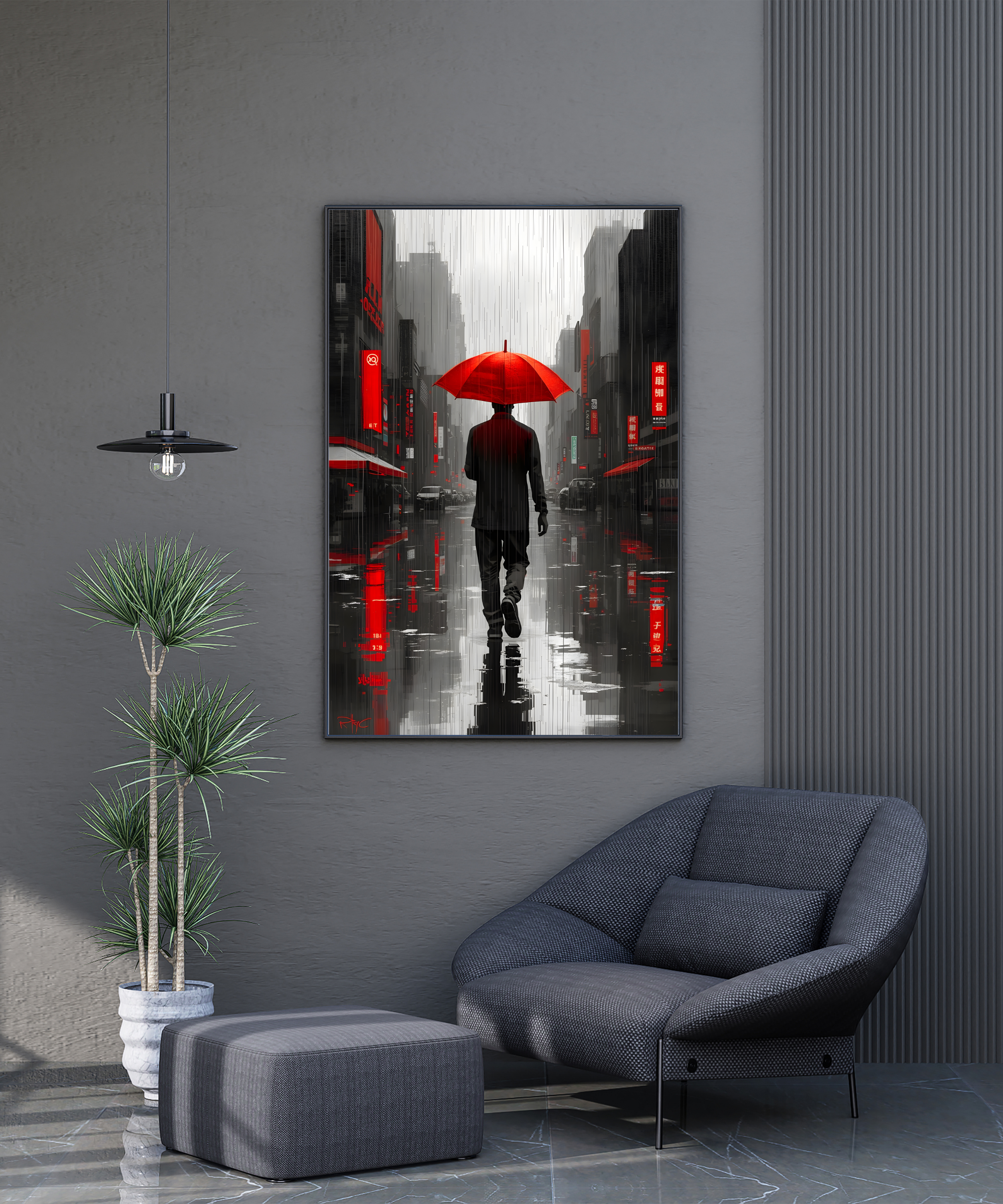 cinematic black and white city wall art with red umbrella