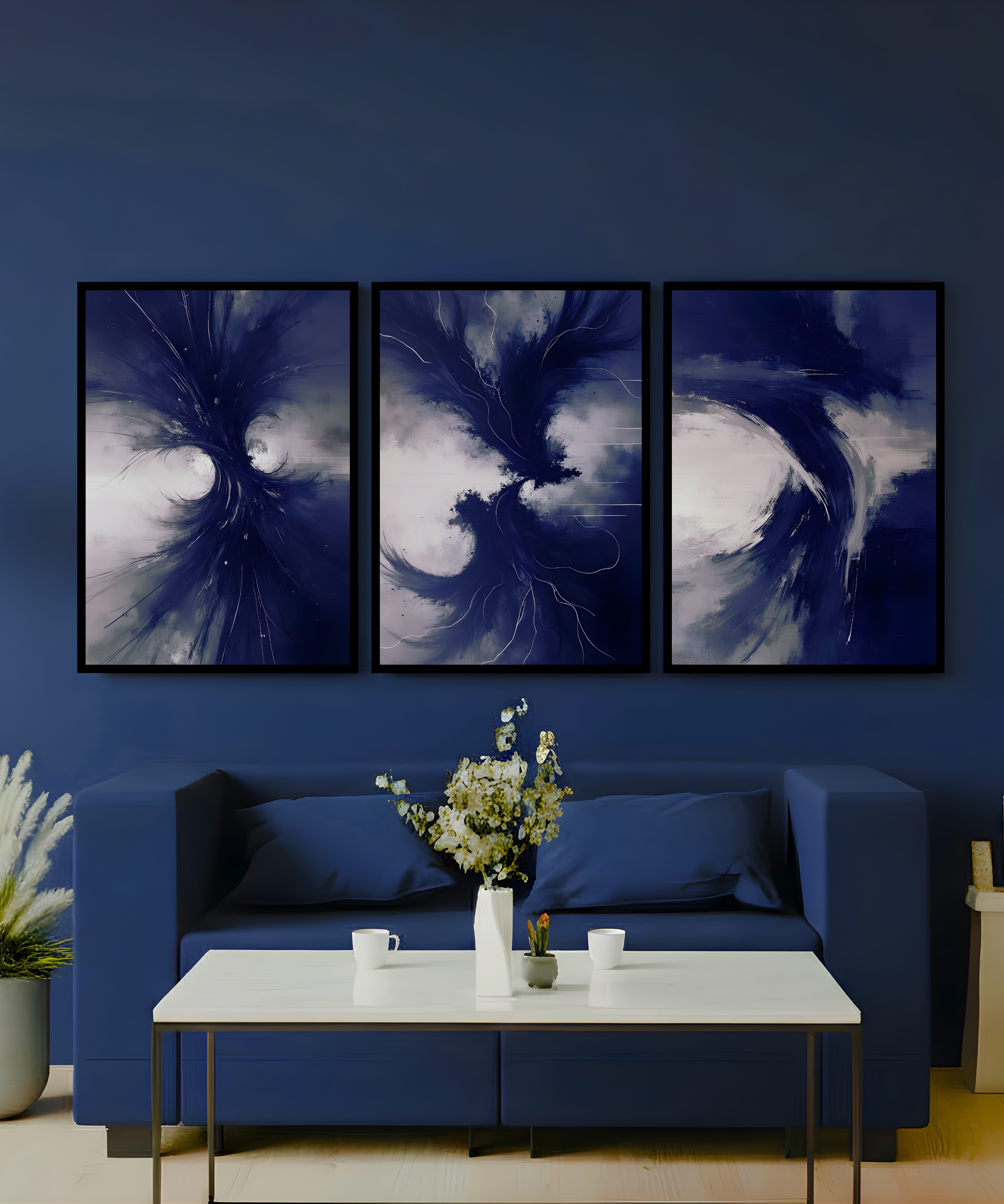 3 piece navy grey abstract wall art set with atmospheric movement