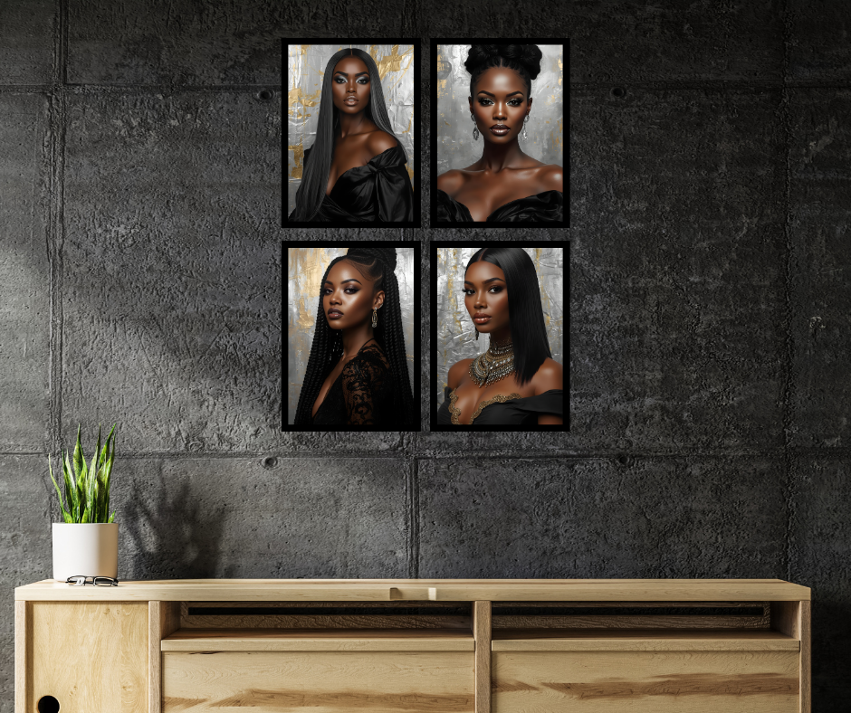 Four framed photographs of women with dark hair and elegant clothing hung on a dark gray concrete wall. A wooden sideboard with a potted plant is below the photos.