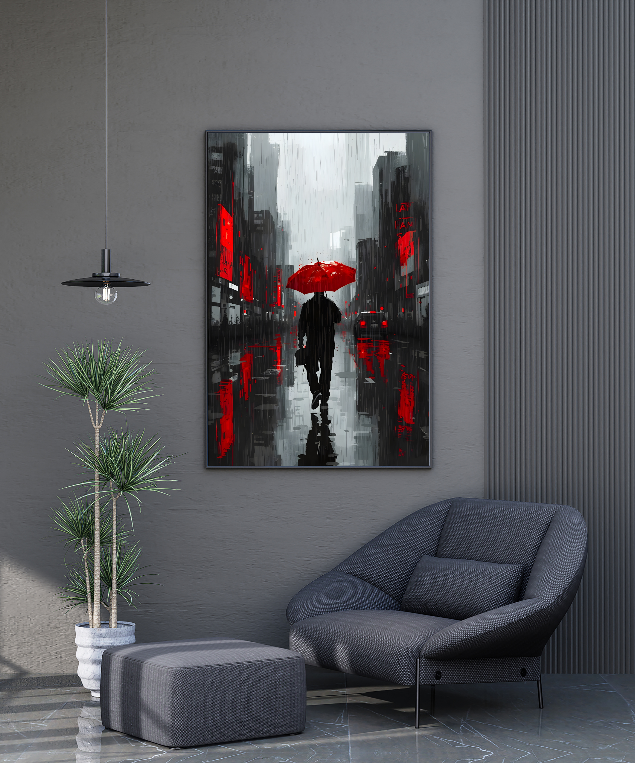 4 piece cityscape wall art set in grayscale with red umbrella
