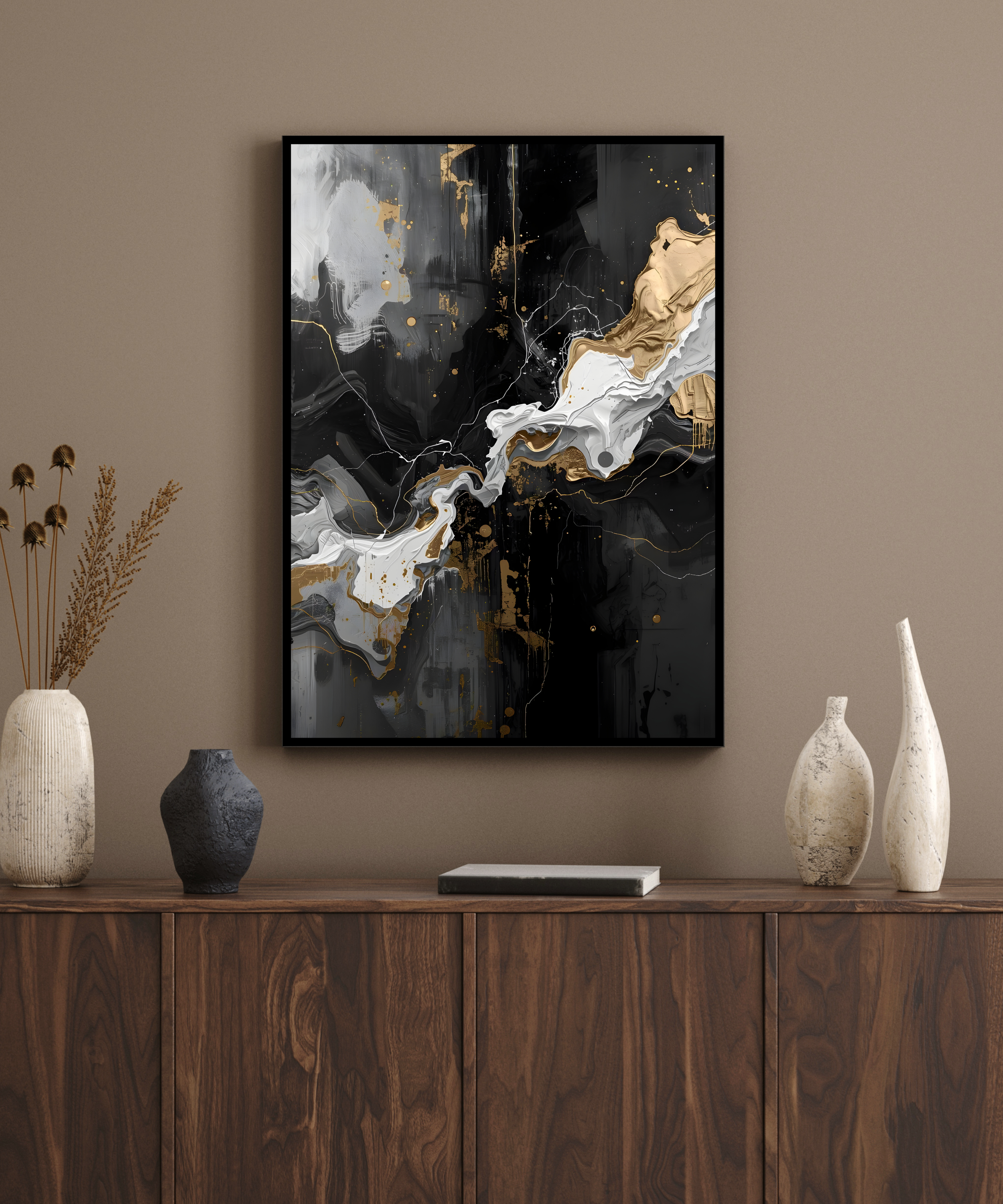 luxury fluid abstract wall decor in black white and gold