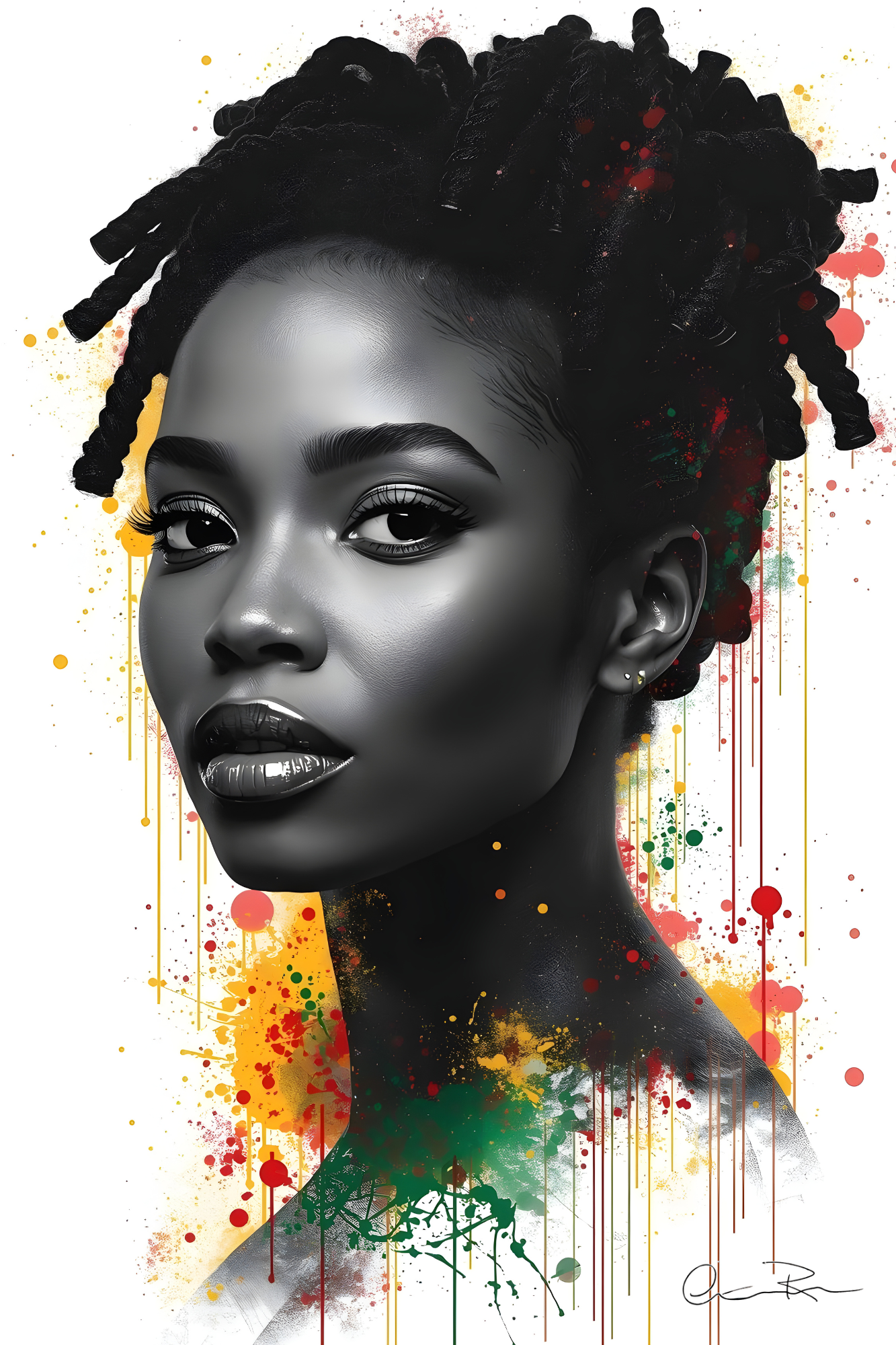 A digital artwork of a woman with dark skin, styled with dreadlocks, and adorned with makeup. The background features colorful paint splashes and drips in yellow, red, and green.