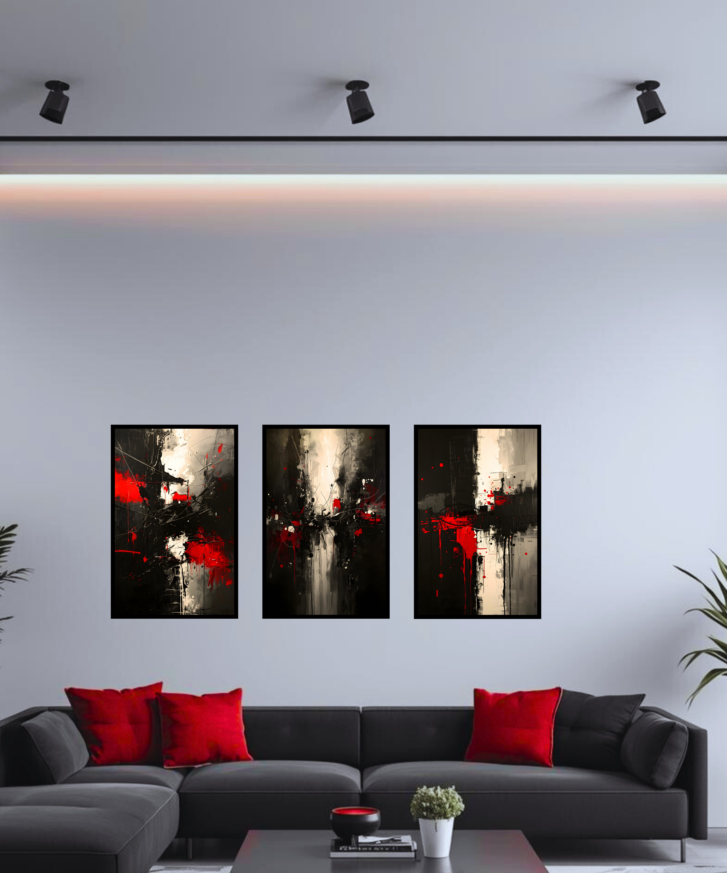 Red, Black & Tan Modern Abstract Wall Art Set – 3 Piece Framed Collection | Contemporary Colorful Decor