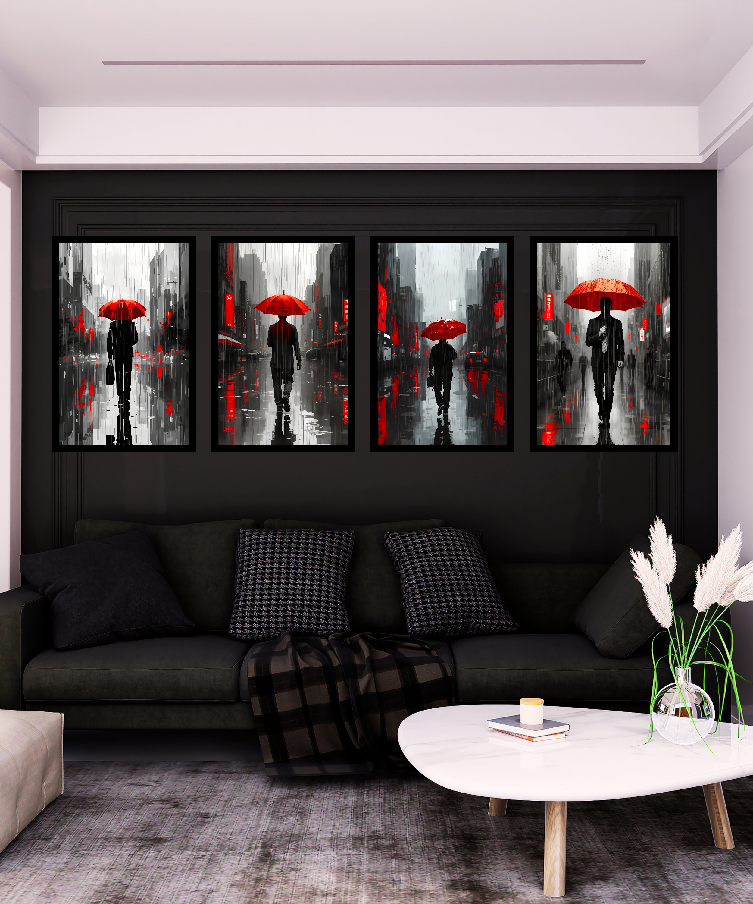Red Umbrella Cityscape Wall Art Set – 4 Piece Framed Digital Collection | Modern Black & White Decor