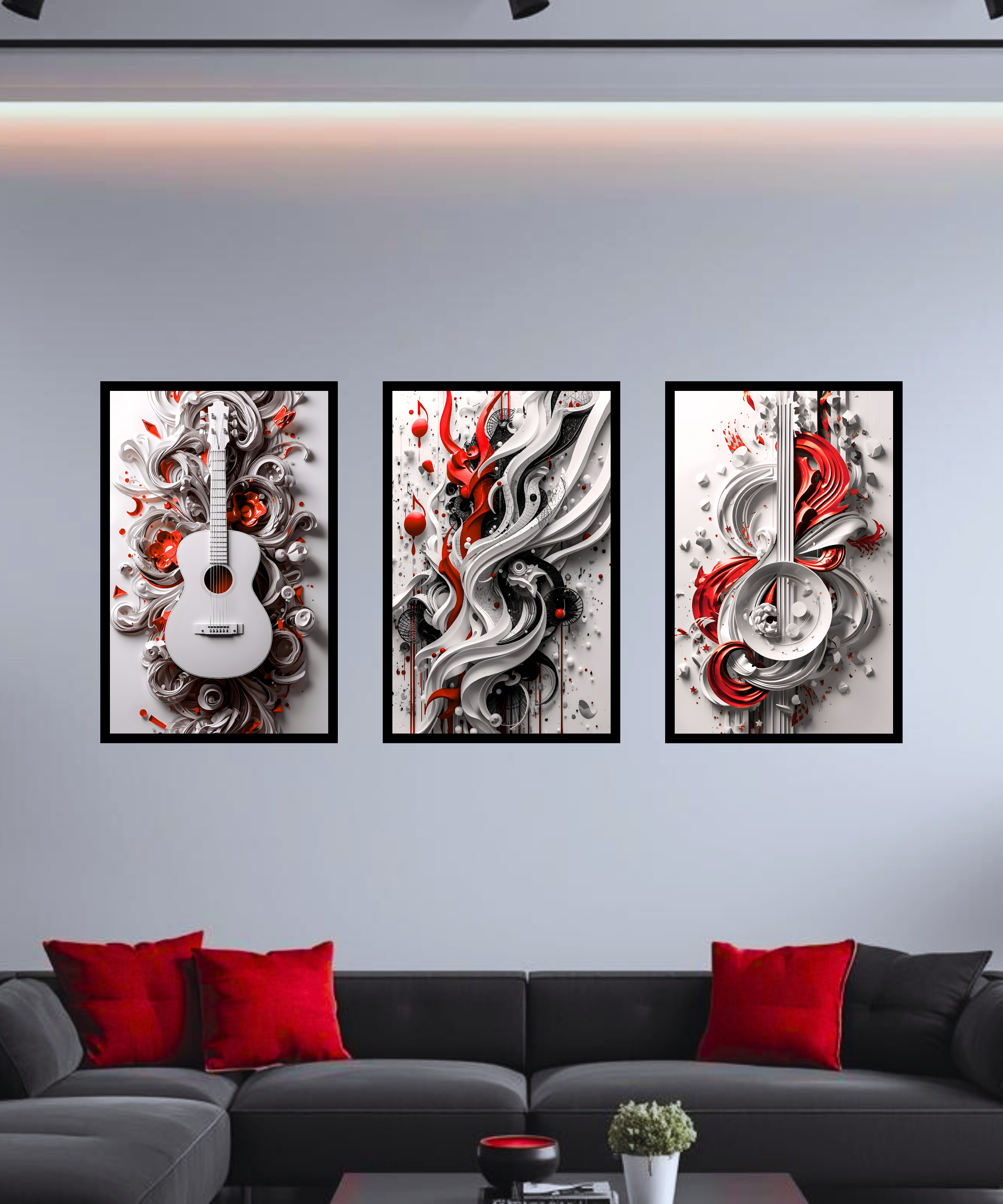 sculpted musical wall decor in red with ribbon style shapes
