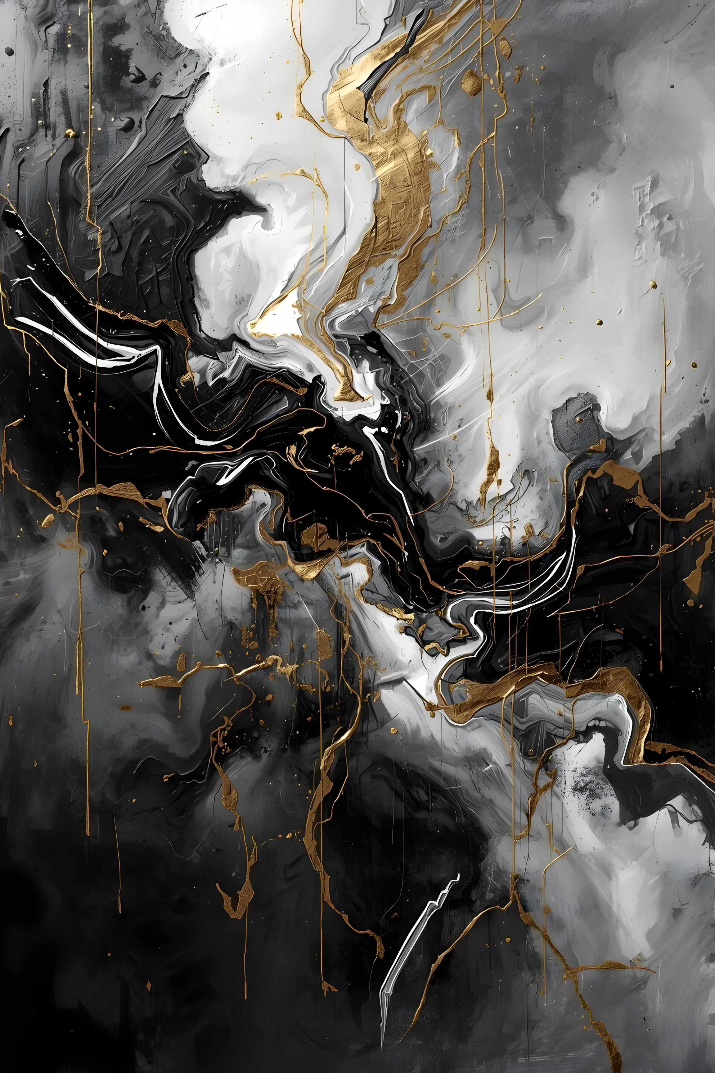 black white and gold fluid abstract wall art set