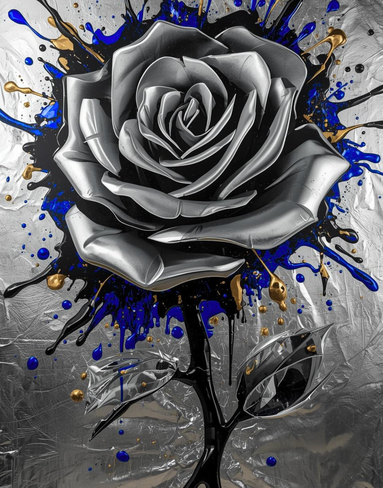 A metallic silver rose with black leaves set against a background of crumpled silver paper. Blue and gold paint splashes surround the rose.