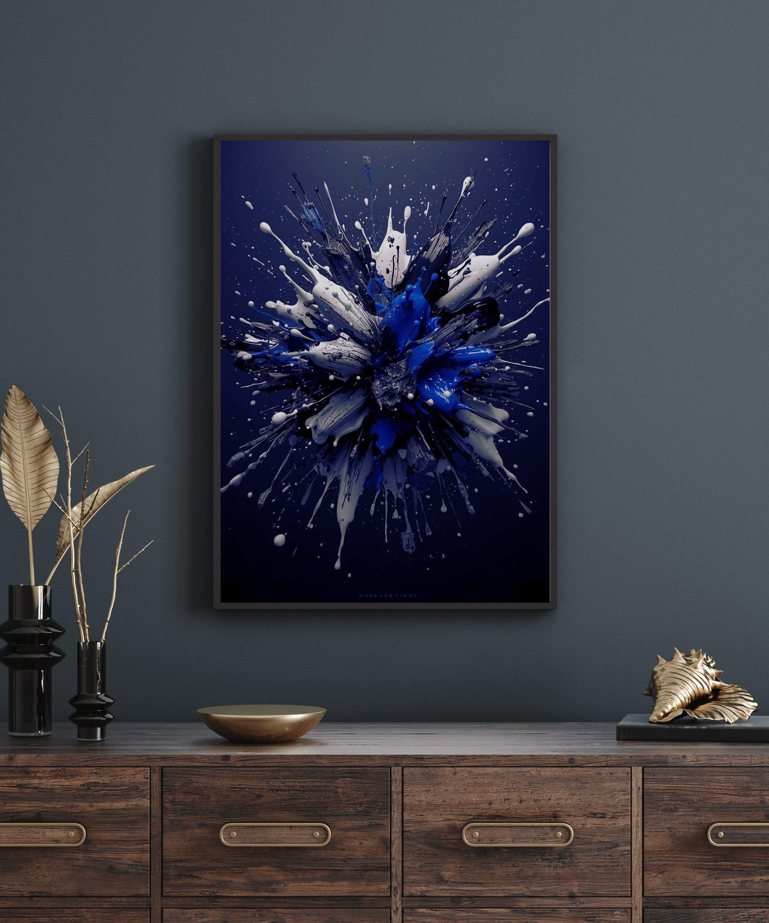 royal blue abstract splash wall art with 3D paint burst
