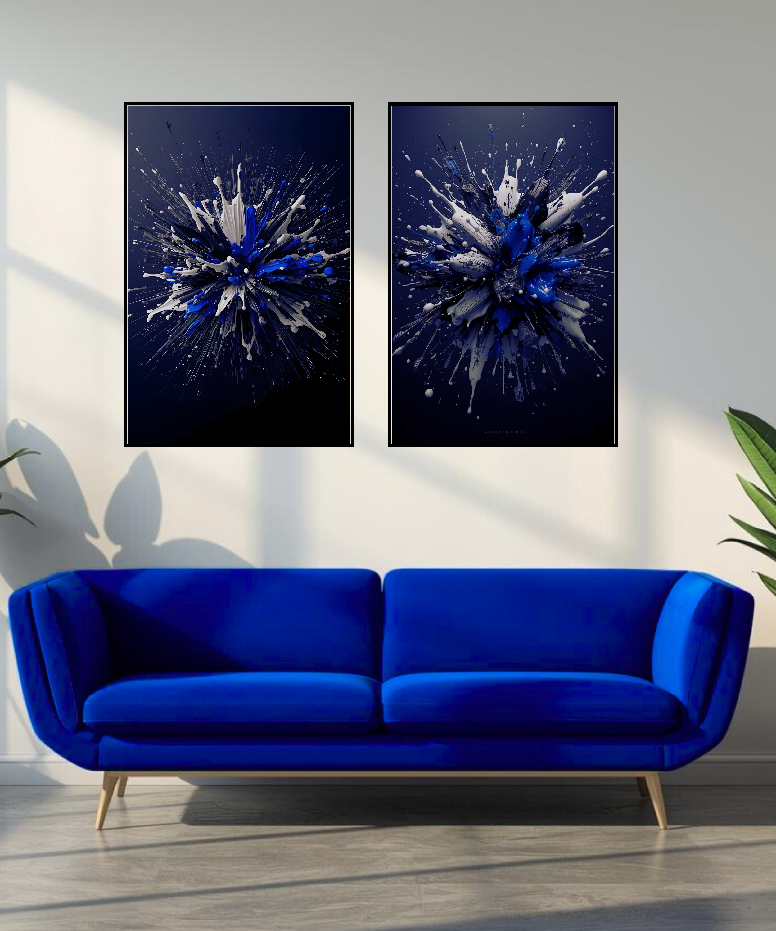 2 piece blue explosion abstract wall art set
