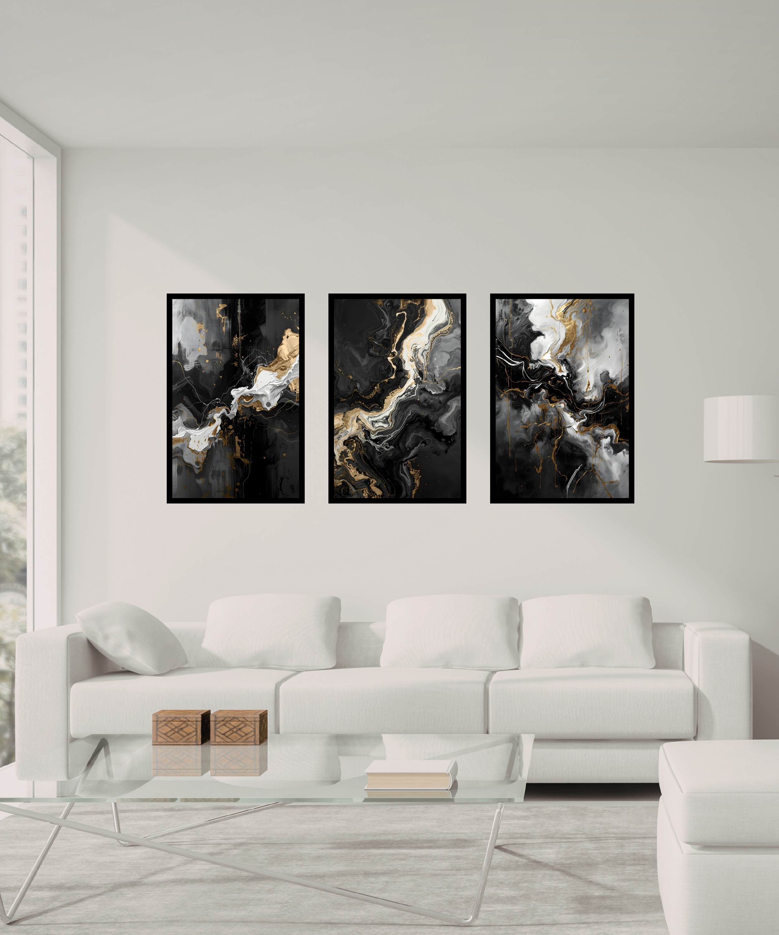 3 piece marbled abstract wall art with gold accents